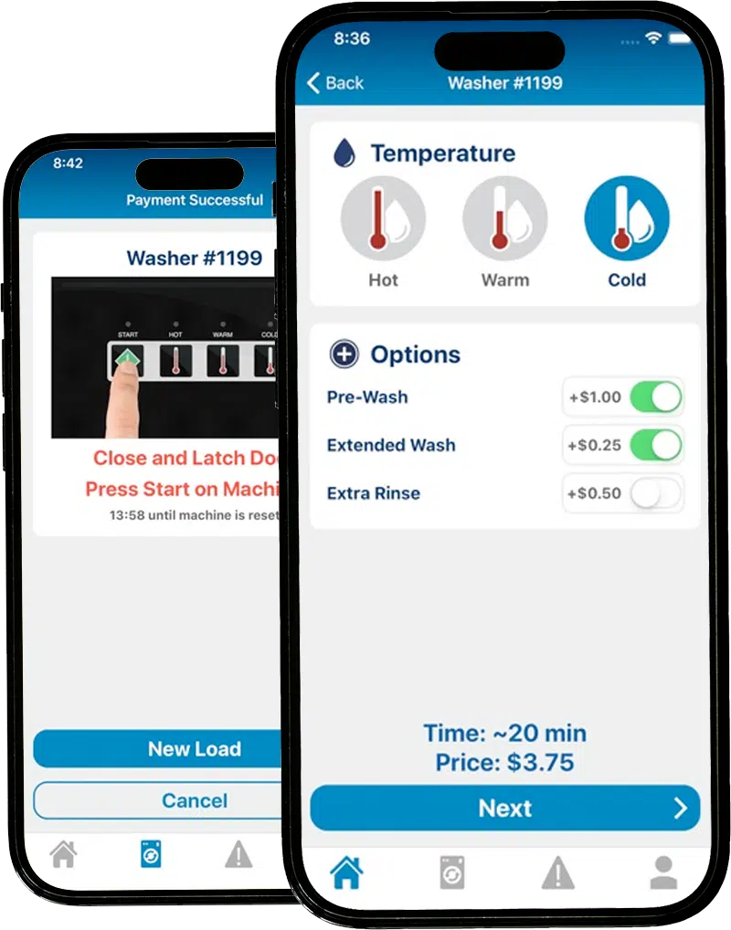 DexterPay mobile app showing washer controls and payment options on two phones